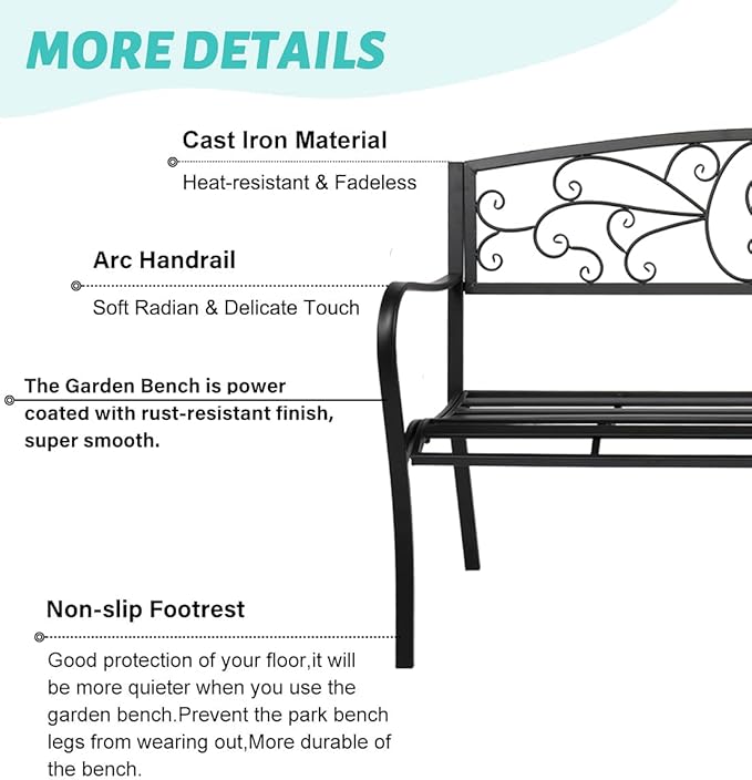 JOYBASE 50" Outdoor Bench, 2-3 People Seat, Metal Patio Bench, Cast Iron Bench, Porch Bench, Garden Bench, 530lbs Weight Capacity, Black