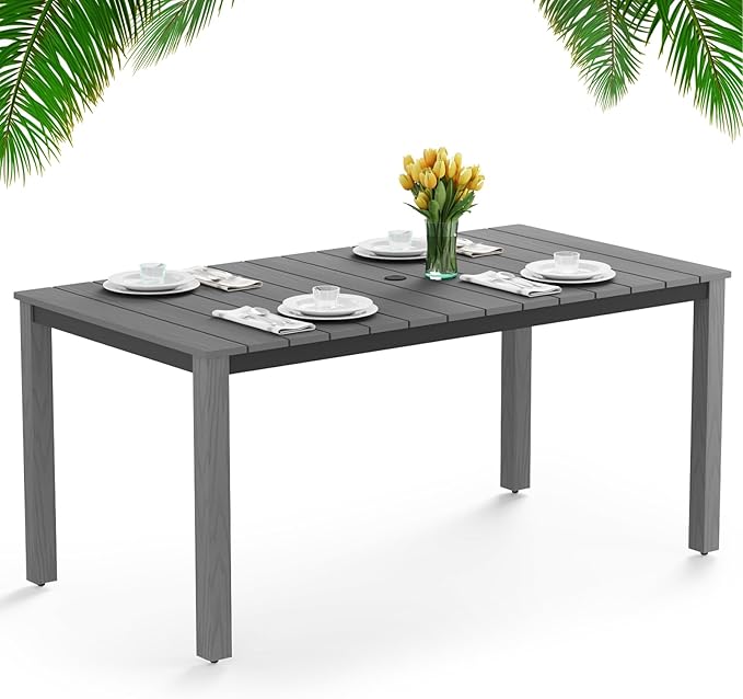 Outdoor Dining Table, Weatherproof 63" Rectangle HIPS Patio Dining Table for 6, with 2" Umbrella Hole, Outdoor Table for Backyard Deck Poolside, Gray