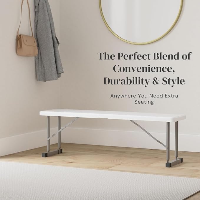 2.75ft Plastic Folding Bench – Lightweight and Portable White Resin with Durable Steel Frame, 33”x8”x16” - (Pack of 2 - Photo 3