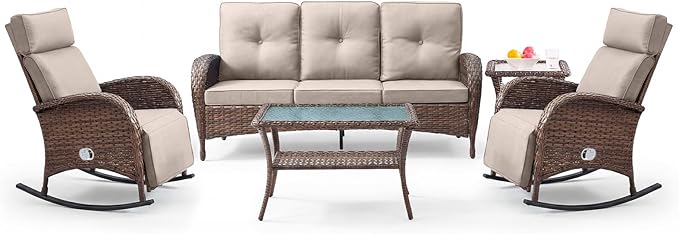 Belord Luxury 5 Piece Patio Furniture Set with Swivel Recliner Chair - Outdoor Recliner Chair with Adjustable Backrest & Footrest, Patio Conversation Set with Coffee Table for Pool Deck Garden Beige