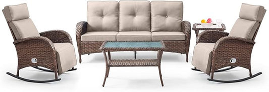 Belord Luxury 5 Piece Patio Furniture Set with Swivel Recliner Chair - Outdoor Recliner Chair with Adjustable Backrest & Footrest, Patio Conversation Set with Coffee Table for Pool Deck Garden Beige
