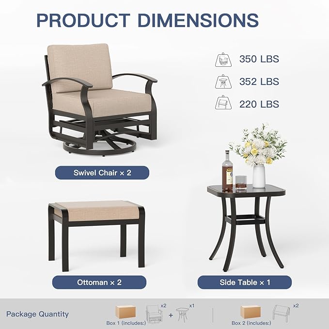 Gotland 5 Piece Patio Set, Aluminum Outdoor Swivel Chairs Set of 2 with 2 Ottoman 5.1’’ High-Resilience Seat Cushions - Photo 2