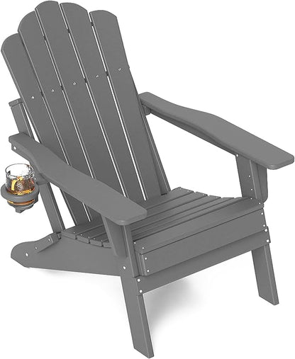 FOOWIN HDPE Adjustable Adirondack Chair, 400lbs Heavy Duty Folding Patio Chair with Cup Holder, 3-Position Reclining Fire Pit Seating, All-Weather Poly Lumber for Backyard, Deck - Grey