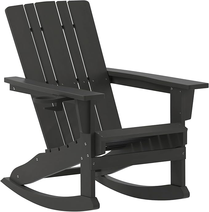 Flash Furniture Halifax Adirondack Rocking Chair with Cup Holder, Weather Resistant Poly Resin Adirondack Rocking Chair, Black
