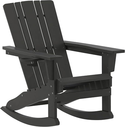 Flash Furniture Halifax Adirondack Rocking Chair with Cup Holder, Weather Resistant Poly Resin Adirondack Rocking Chair, Black