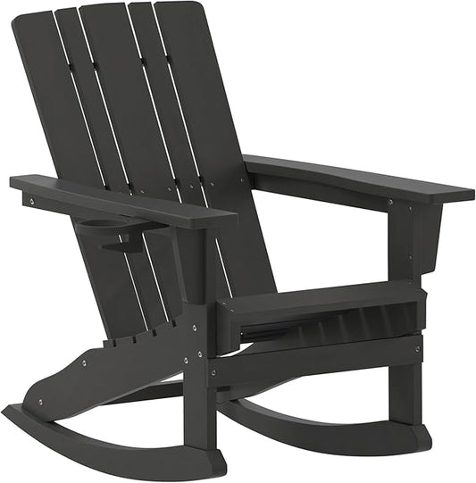 Flash Furniture Halifax Adirondack Rocking Chair with Cup Holder, Weather Resistant Poly Resin Adirondack Rocking Chair, Black