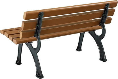 Global Industrial 4'L Outdoor Park Bench with Backrest, Recycled Plastic Slats, Wrought Iron Frame, 1100 lbs Capacity, Tan, Surface Mount, Easy Assembly