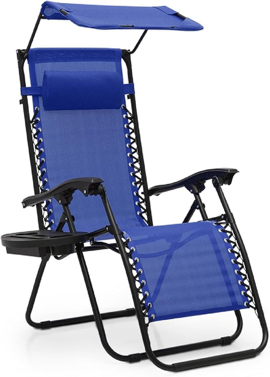 Athena Collection Folding Zero Gravity Chair with Canopy, Adjustable Lounge Chair Recliner, Outdoor Lawn Chair Camping Chairs Beach Chaise Chairs with Headrest & Cup Holder for Patio Pool, Blue