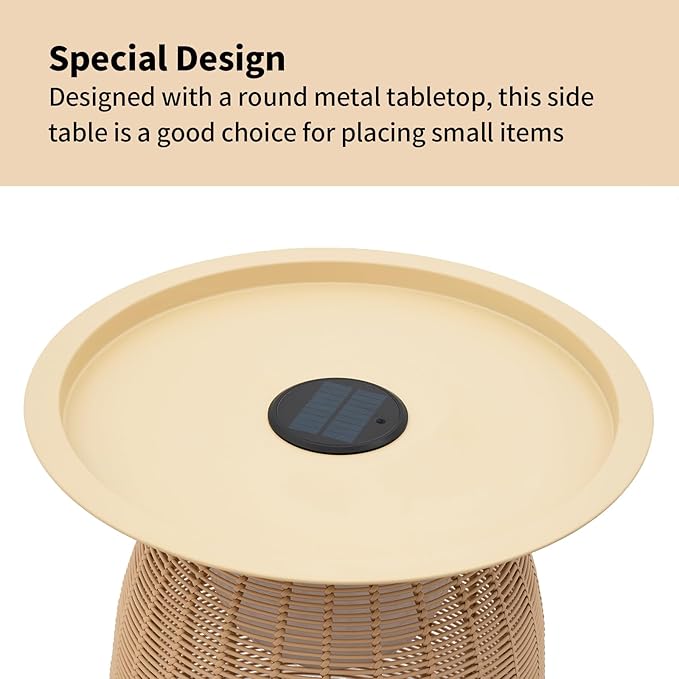 Outdoor Coffee Table Boho Wicker Patio Solar Table Festival Decoration All Weather Metal Round Tables with Built-in - Photo 5