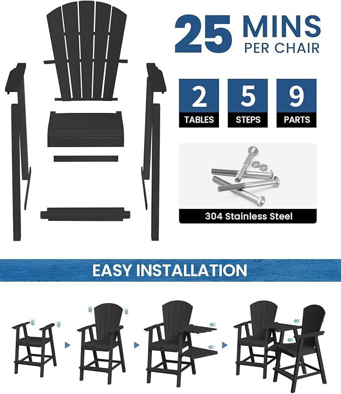 Ciokea Tall Adirondack Chairs Set of 4, HDPE Outdoor Adirondack Bar Stools with Double Connecting Tray - Photo 4