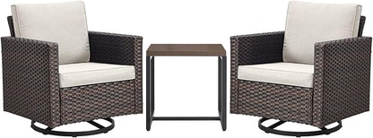 Rilyson Outdoor Patio Swivel Rocker Chairs - 3 Piece Wicker Patio Furniture Bistro Swivel Rocking Chairs Set with Comfortable Cushions,Sturdy Metal Frame and Side Table for Porch Deck(Brown/Beige)