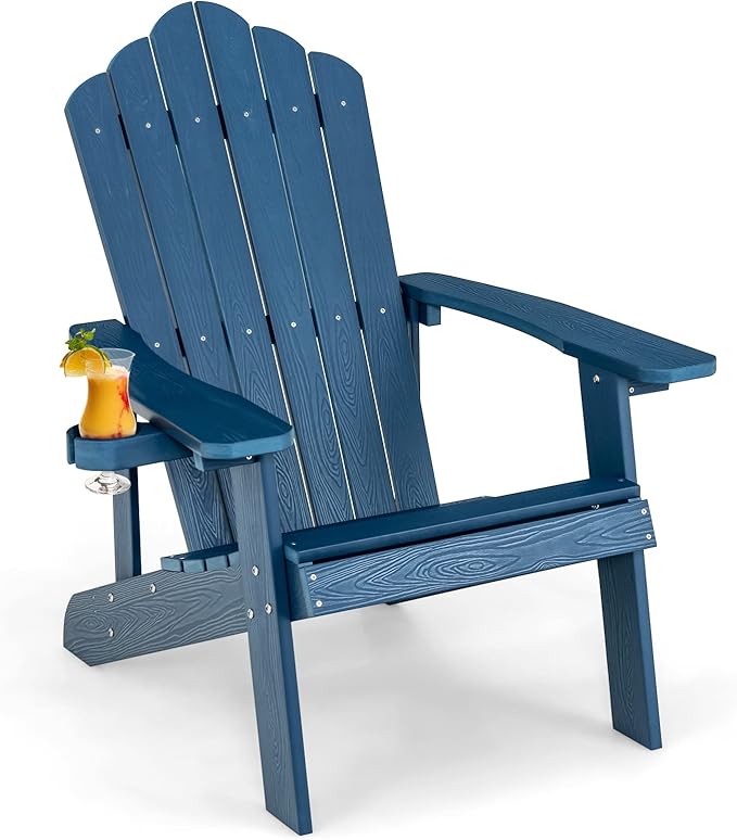 Giantex Outdoor Adirondack Chair - Oversized Patio Chairs w/Hidden Cup Holder, Realistic Wood Grain, 380 LBS Weight Capacity, Weather Resistant Firepit Chairs for Backyard, Garden (1, Navy)