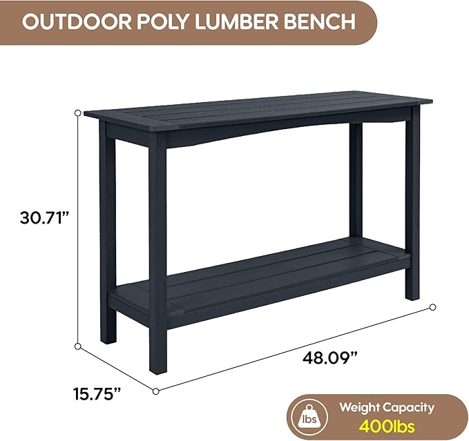 Weatherproof HIPS Outdoor Console Table, 48'' 2-Shelf Side Table Indoor/Outdoor Use, Multifunctional Buffet Table Bar Storage Organizer for Entryway,Yard, Outside Plant Stand Table, Black