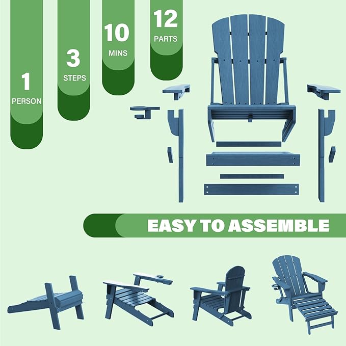 LOUNZY Folding Adjustable Adirondack Chair with Retractable Ottoman Set of 2,HDPE Recliner Adirondack Chair with Cup Holder for Deck Lawn Fire Pit, Navy