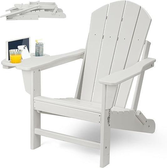 FOOWIN Folding Adirondack Chair, HDPE Adirondack Chairs with Cup Holder, Weather Resistant Plastic Fire Pit Chairs for Outdoor, Patio, Lawn, Garden, Backyard, Deck, White