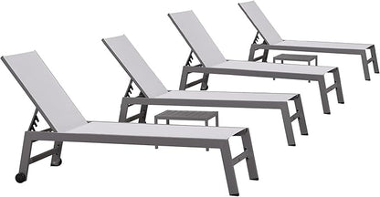 PURPLE LEAF Patio Chaise Lounge Set for 4 Outdoor Chaise Lounge Chair with Aluminum Frame and Easy-to-Move Wheels Pool Lounge Chairs for Deck Yard Poolside Table Included, White