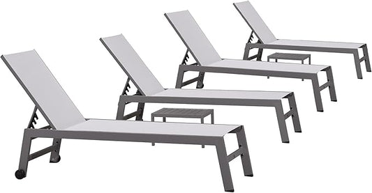 PURPLE LEAF Patio Chaise Lounge Set for 4 Outdoor Chaise Lounge Chair with Aluminum Frame and Easy-to-Move Wheels Pool Lounge Chairs for Deck Yard Poolside Table Included, White