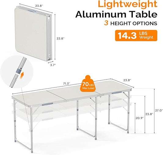 VINGLI 6ft Folding Camping Table with Carry Handle,Portable Utility Table Multipurpose for Party Picnic Tailgating Outdoor Patio Garden Indoor Kitchen …