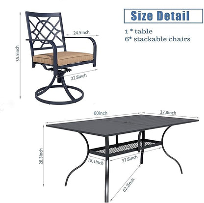SUNCROWN 7 Pieces Outdoor Dining Set Metal Swivel Cushioned Chairs Patio Furniture Sets with Steel Slat Bistro Table and Sky Blue 9Ft Patio Umbrella for Backyard, Lawn, Garden