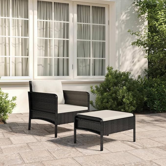 2-Piece Patio Lounge Set with Cushions Black Poly Rattan Metal Frame Outdoor Furniture for Balcony Porch Garden Backyard - Photo 1