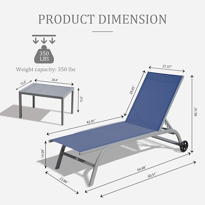 Domi Outdoor Chaise Lounge Chair with Wheels, Patio Lounge Chairs for Outside Set of 3, Sturdy Metal Frame with 5 Adjustable Position Recliner for Porch, Beach,Pool, Yard, Navy Blue