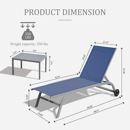 Domi Outdoor Chaise Lounge Chair with Wheels, Patio Lounge Chairs for Outside Set of 3, Sturdy Metal Frame with 5 Adjustable Position Recliner for Porch, Beach,Pool, Yard, Navy Blue