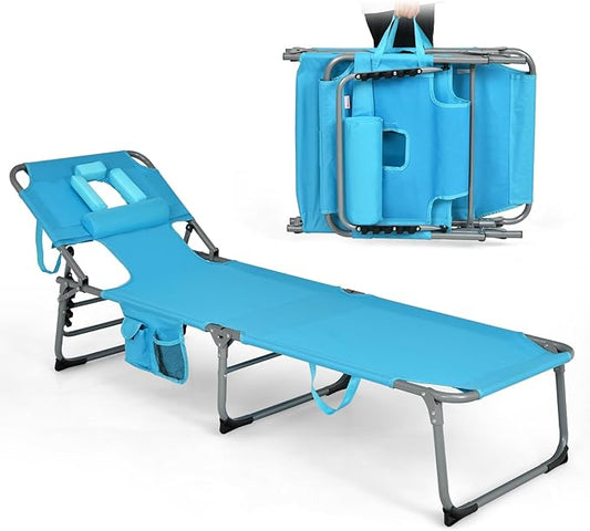Goplus Tanning Chair, Folding Adjustable Patio Lounge Chair with Face Hole, Removable Pillow, 330LBS, Carry Strap, Outdoor Sunbathing Chair, Lightweight Portable Beach Lounge Chair, No Assembly