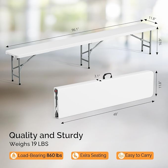 VINGLI 6 feet Plastic Folding Bench,Portable in/Outdoor Picnic Party Camping Dining Seat, Garden Soccer Multipurpose Entertaining Activities, Smooth HDPE Tabletop (2, White, 8ft)