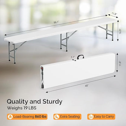 VINGLI 6 feet Plastic Folding Bench,Portable in/Outdoor Picnic Party Camping Dining Seat, Garden Soccer Multipurpose Entertaining Activities, Smooth HDPE Tabletop (2, White, 8ft)