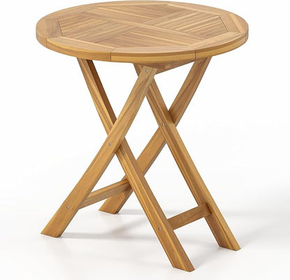 Tangkula 27.5" Teak Wood Patio Dining Table, Round Outdoor Bistro Table with Slatted Tabletop, Sturdy X-Shaped Frame, Wood Outside Table for Backyard, Poolside, Garden, Lawn, Natural