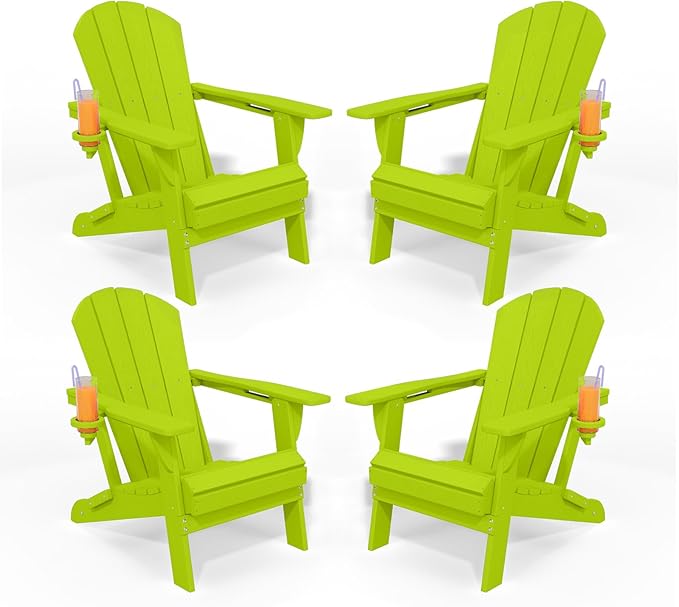 Folding Adirondack Chairs with Cup Holders, Set of 4 HDPE Plastic Outdoor Chairs, Weather Resistant, Real Wood Look - Photo 3