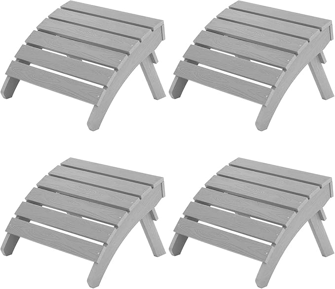 MXIMU Folding Adirondack Ottoman Set of 4: HIPS Plastic Outdoor Footrest Easy Assembly - All Weather Foot Stool Foot Rest for Adirondack Chair Use in Patio Garden Backyard Pool (Grey)