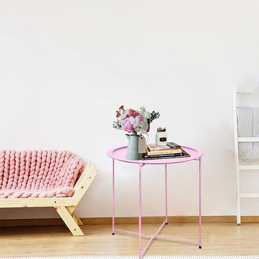 Garden 4 you End Table Metal Side Table Pink Round Folding Tray Cyan Sofa Small Accent Fold-able Table, Round End Table Tray, Next to Sofa Table, Snack Table for Living Room and Bed Room