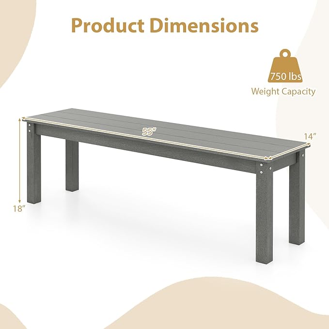 Giantex 55" HDPE Outdoor Bench, 2-3 People Weatherproof Backless Patio Garden Bench with 750 Lbs Capacity, Fade Resistant Outside Seating Furniture, Loveseat for Porch, Yard, Park (2,Grey)
