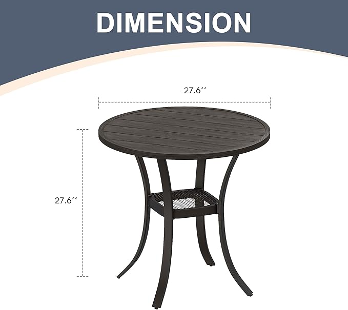 VICLLAX Round Patio Dining Table, Metal Outdoor Bistro Table with Storage Shelf for Balcony Garden Deck, 27.6" Ash Grey - Photo 3