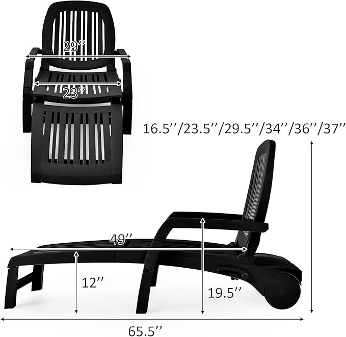 Giantex Chaise Lounge Outdoor, 6 Adjustable Backrests Lounge Chair Recliner, Outdoor Furniture for Patio Poolside Garden, Foldable Sun Lounger with Wheels (2, Black)
