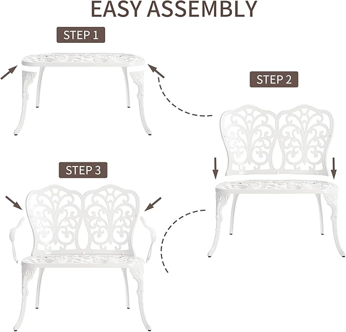 HOMEFUN Outdoor Bench with Cushion - Patio Garden Benches Metal Loveseat Butterfly Cast-Aluminum Outside Furniture for Park Lawn Front Porch White