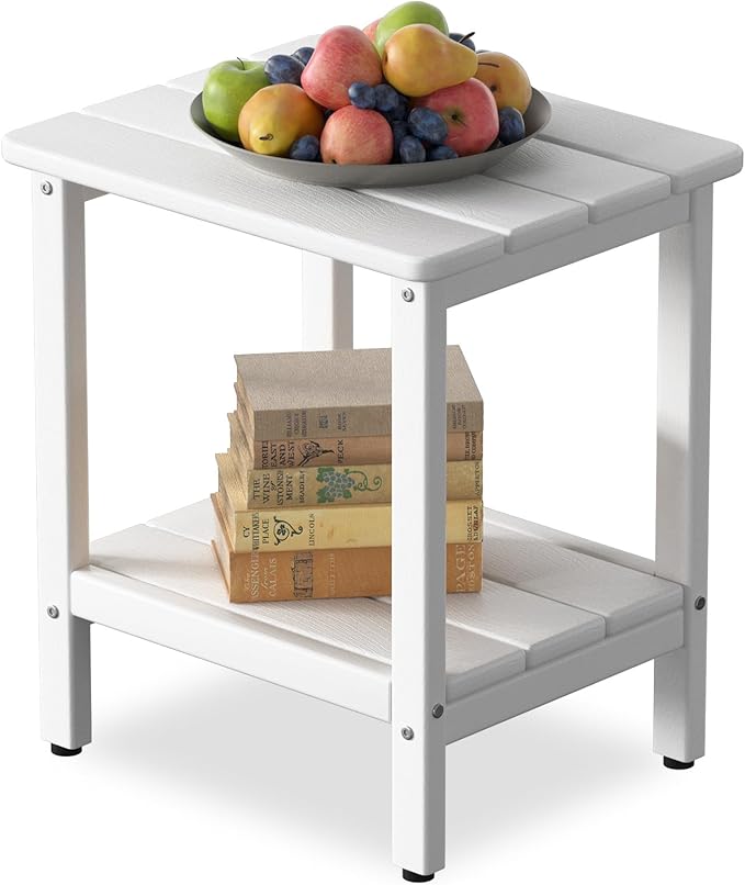 Outdoor Side Table, 17.7-Inch Small Patio Adirondack Side Table with Adjustable Feet, Outdoor End Table for Porch Deck Balcony Pool, All-Weather HDPE Material Easy Maintenance, White