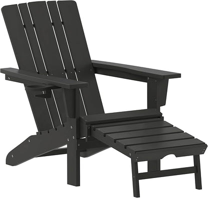 Flash Furniture Halifax Poly Resin Adirondack Chair with Cup Holder and Pull Out Ottoman, All-Weather Poly Resin Indoor/Outdoor Lounge Chair, Black