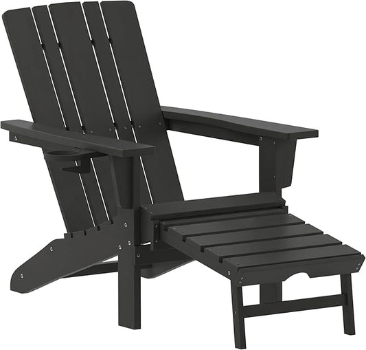 Flash Furniture Halifax Poly Resin Adirondack Chair with Cup Holder and Pull Out Ottoman, All-Weather Poly Resin Indoor/Outdoor Lounge Chair, Black