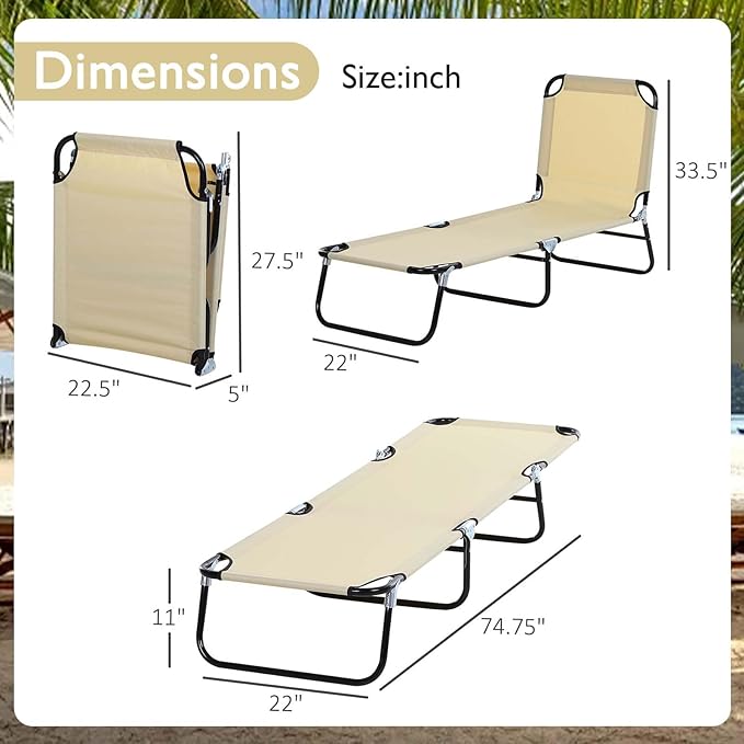 3-in-1 Heavy Duty Tanning Chair with Face Hole Adjustable 5-Position Folding Chaise Lounge Chairs Portable Lay Flat Beach Lounge Chair for Outdoor Sunbathing Patio Pool Lawn Camping Deck (Beige)