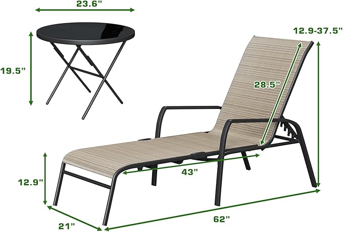 Devoko Patio Chaise Lounges Sets Outdoor Lounge Chairs with Adjustable Backrest & Sturdy Glass Top Coffee Table - Photo 7