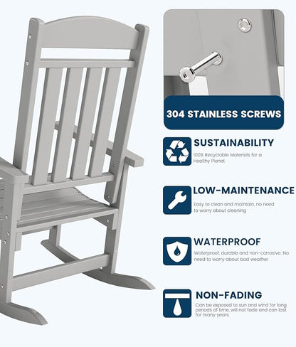 FOOWIN Outdoor Rocking Chair Set of 2, High Back Patio Rocking Chair, HDPE All Weather Resistant Porch Rocker for Adult, Oversized Rocking Chairs for Garden, Lawn, Indoor & Outdoor Use, White Grey