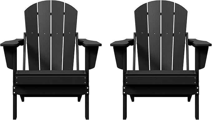 Costaelm Folding Patio Chairs Set of 2, Hdpe Adirondack Chairs Front Porch Furniture Outdoor Seating, All Weather Tanning Chair for Backyard Firepit Garden Lawn, Black