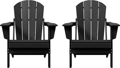 Costaelm Folding Patio Chairs Set of 2, Hdpe Adirondack Chairs Front Porch Furniture Outdoor Seating, All Weather Tanning Chair for Backyard Firepit Garden Lawn, Black