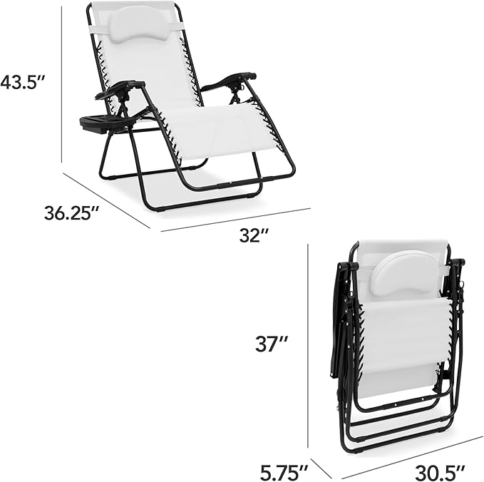 Best Choice Products Oversized Zero Gravity Chair, Folding Outdoor Patio Lounge Recliner w/Cup Holder Accessory Tray, Pillow - Snow/Black
