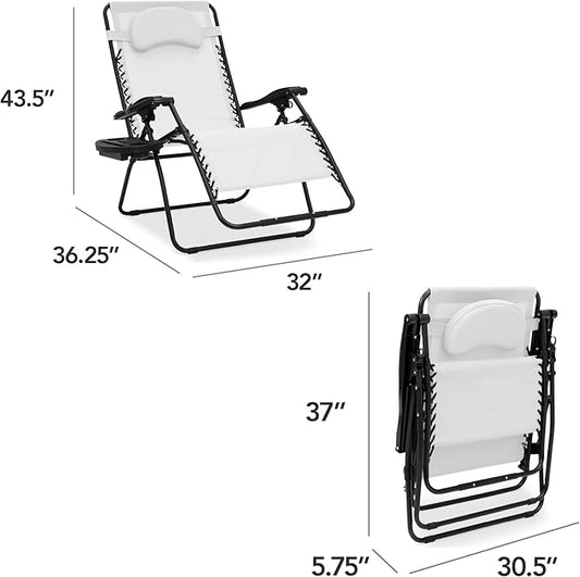 Best Choice Products Oversized Zero Gravity Chair, Folding Outdoor Patio Lounge Recliner w/Cup Holder Accessory Tray, Pillow - Snow/Black