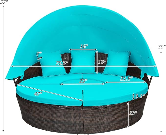 HAPPYGRILL Patio Round Daybed with Canopy, Outdoor Wicker Rattan Sectional Sofa with Coffee Table, Cushions - Photo 8