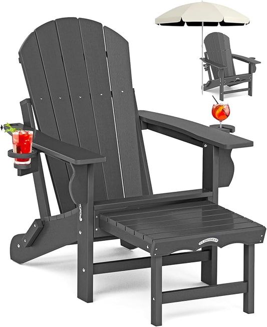 Folding Adirondack Chair with Ottoman, Recyclable HDPE Adirondack Patio Chair with 2 Cup Holder, Outdoor Fire Pit Chairs with Pull Out Footrest, Weather Resistant for Garden, Deck, Poolside, Grey