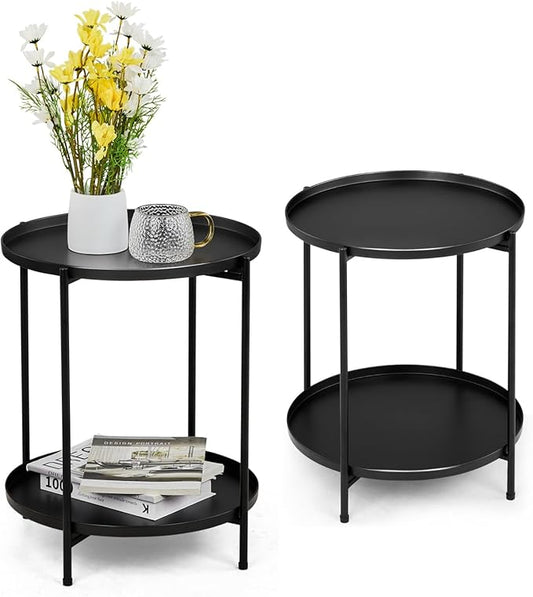 Outvita 2 Tier End Table, Metal Side Table with Removable Tray Indoor and Outdoor,Small Waterproof Accent Table for Bedroom Balcony Patio Living Room and Office, Set of 2(Black)